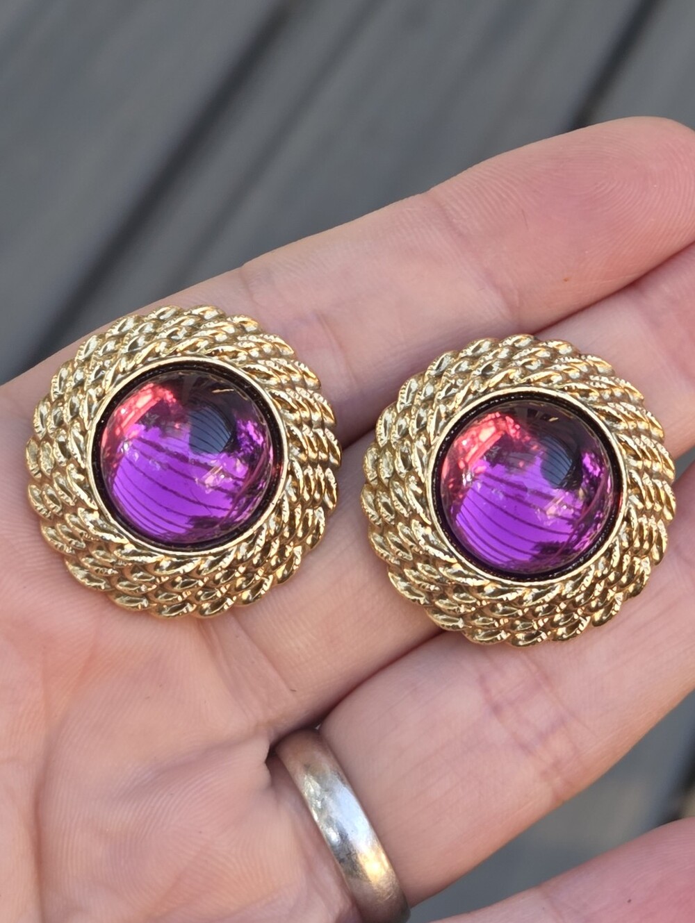 Vintage Purple Domed Cabochon Braided Gold Tone Clip On Earrings